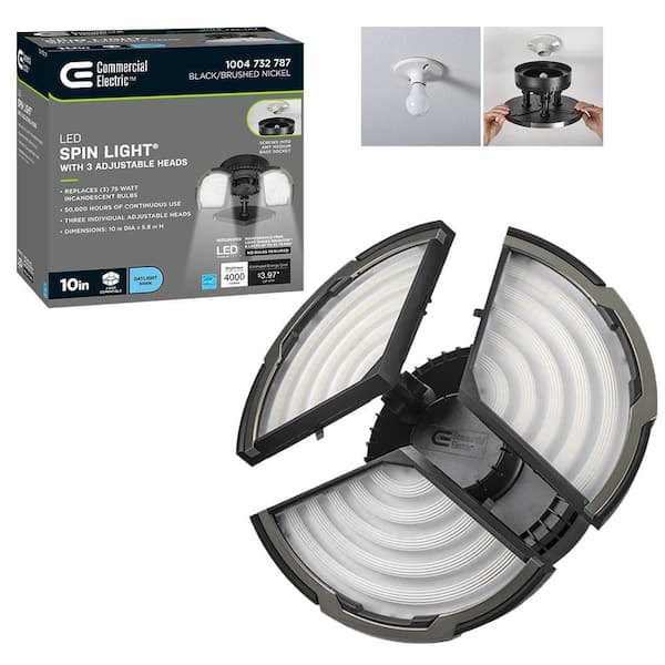 Commercial Electric Spin Light 10 in. High Output 4000 Lumens Black LED Flush Mount Ceiling Light with 3 Adjustable Heads 5000K