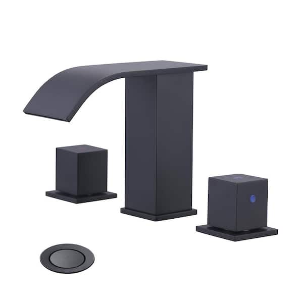 WOWOW 8 in. Widespread Double Switch Waterfall Bathroom Faucet with Pop-Up Drain in Black