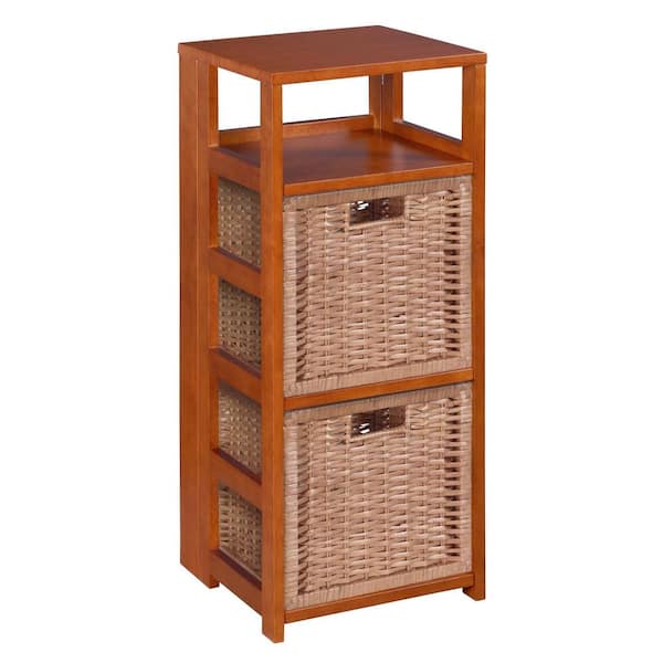 Regency Nemus 34 in. H Cherry and Natural Wood 3-Shelf Square Folding Standard Bookcase with 2 Full Size Wicker Storage Baskets