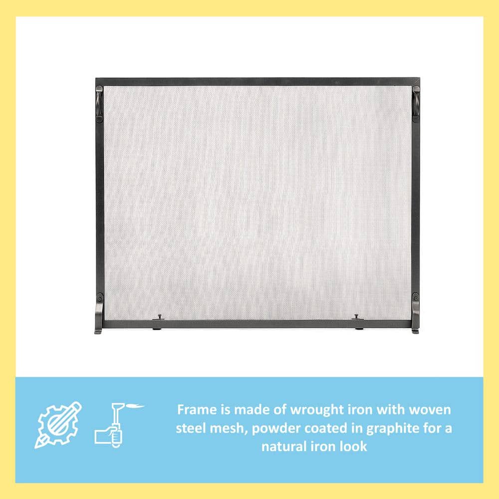 Graphite Wrought Iron Single Panel Fireplace Screen with Mesh Door