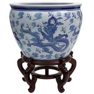 Oriental Furniture 16 in. Dragon Blue & White Porcelain Fishbowl
