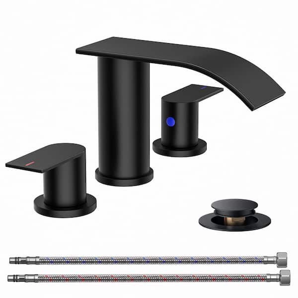 8 in. Widespread Double Handle Bathroom Faucet with Drain Kit Included in Matte Black