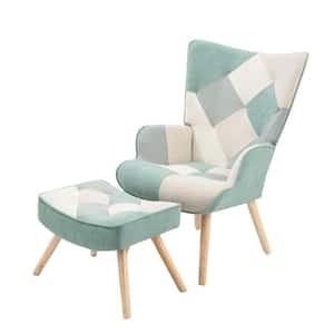 Blue Accent Chair with Ottoman Set Fabric Sofa Armchair Wood Legs with Foot Stool