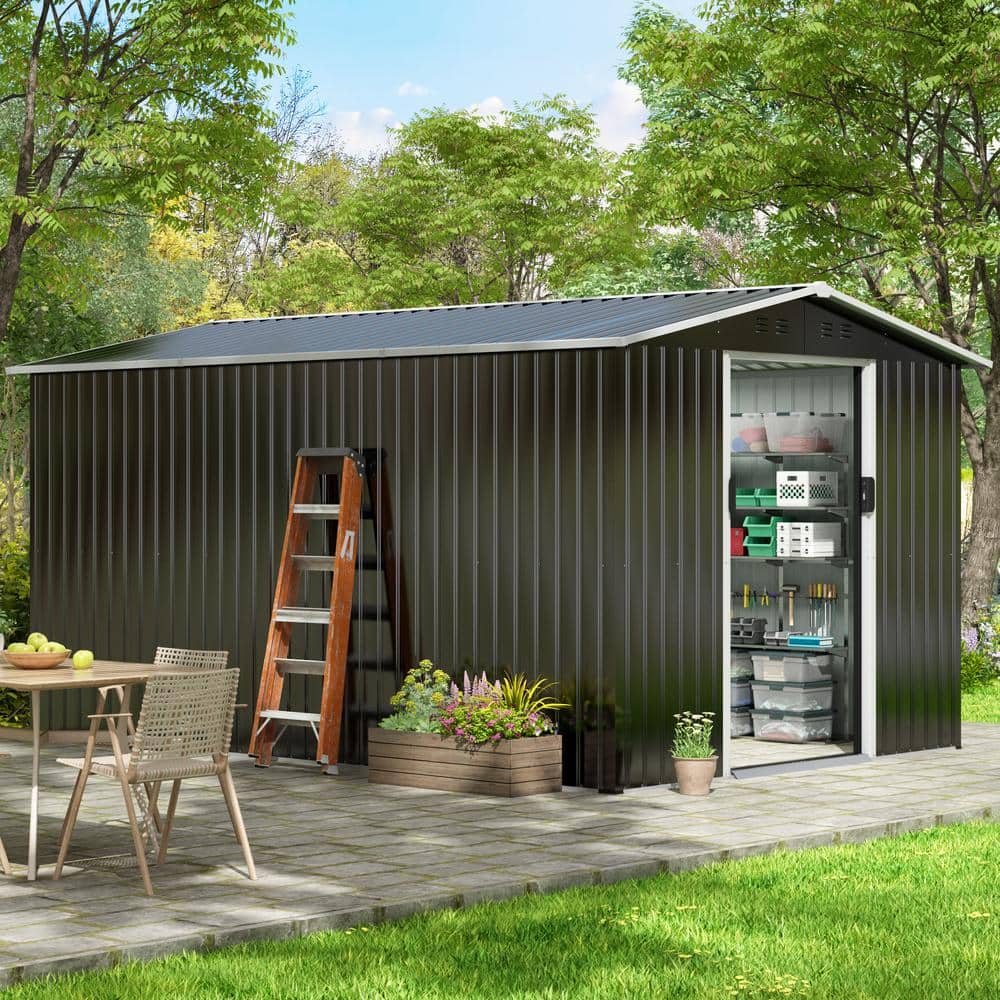 HOGYME 8'x12' Black Galvanized Steel Outdoor Storage Shed