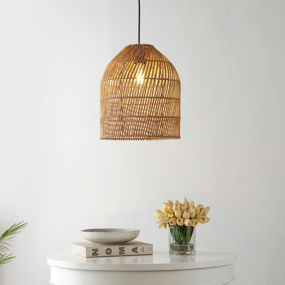 Bohemian Swirl 13" LED Pendant with Adjustable Rattan Shade, Brown