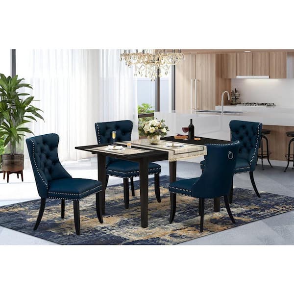East West Furniture 5-Piece Black Finish Solid Wood Top - Rectangular Upholstered Dining Room Set with Butterfly Leaf - (Seats-4)