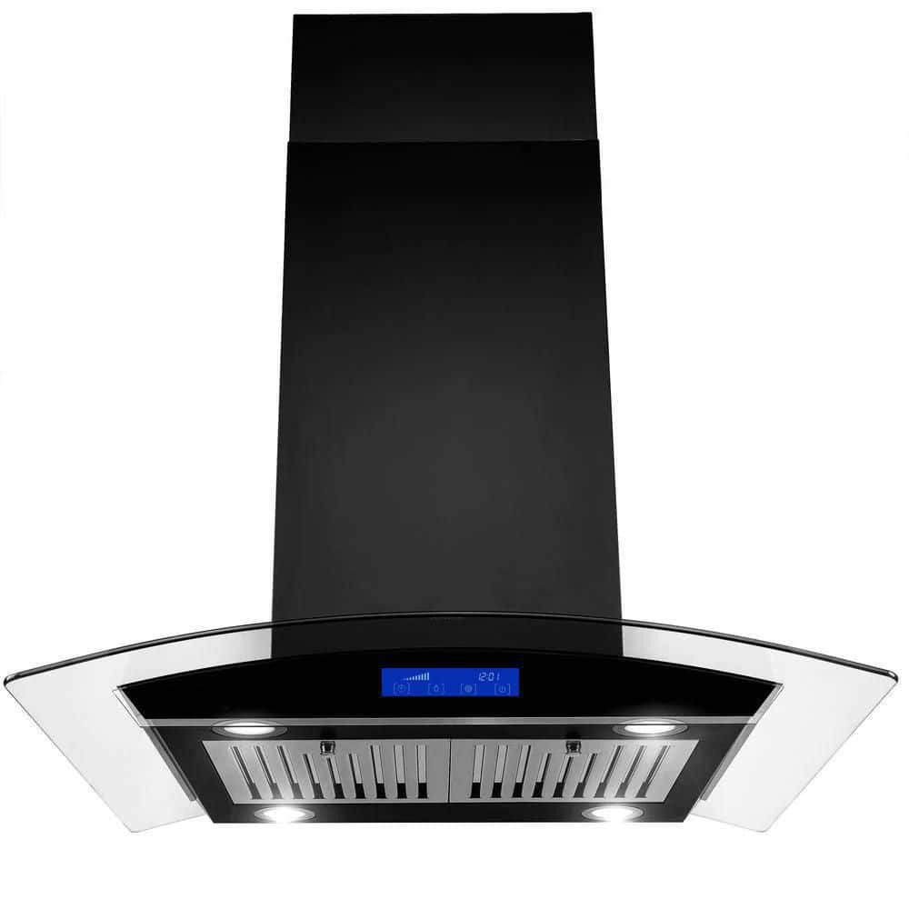 36 inch Stainless Steel Island Mount Range Hood 900CFM Tempered Glass With LED Lights, Black