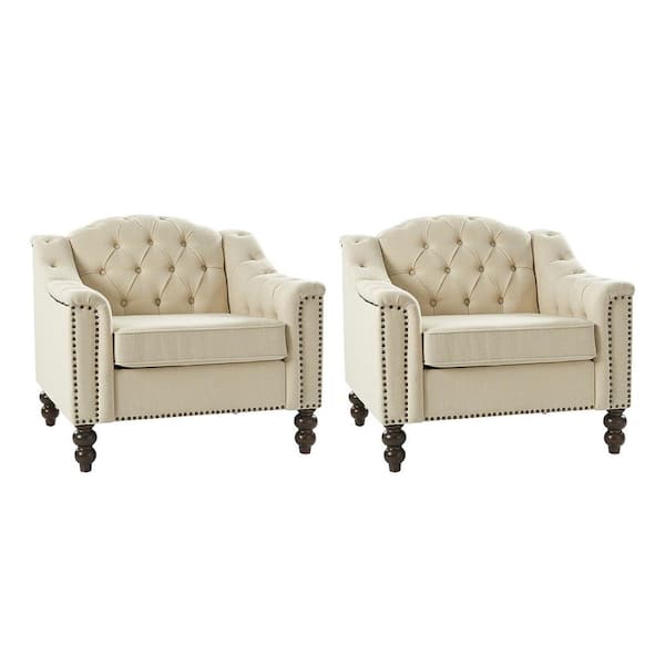JAYDEN CREATION Carmen Beige Button-Tufted Accent Chair Set of 2 with Solid Wood Legs