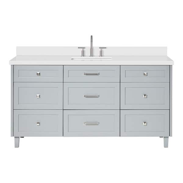 Monroe 66 in. W x 22 in. D x 36 in. H Single Bath Vanity in Gray with Pure White Quartz Top