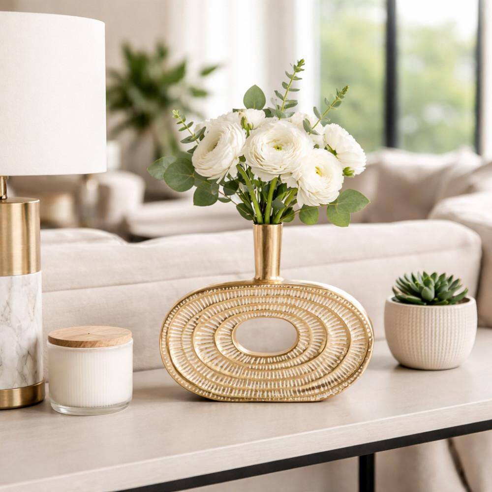 10 in. Gold Metal Tribal Cut Out Textured Geometric Ridge Decorative Vase