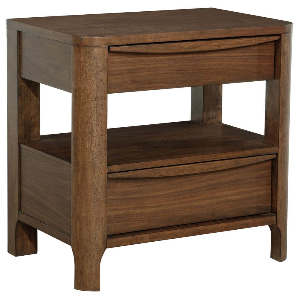 Maderia Walnut 2-Drawer Nightstand Bedside Table with Felt-Lined Top Drawer