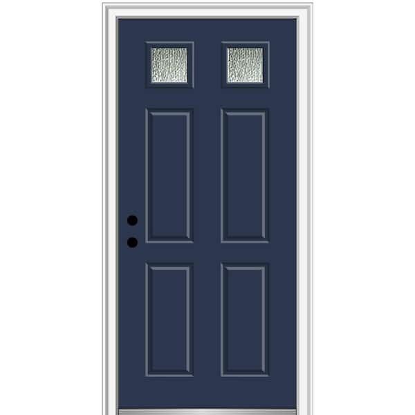 MMI DOOR Rain Glass 32 in. x 80 in. Right-Hand/Inswing Painted Revival Blue Fiberglass Prehung Front Door on 6-9/16 in. Frame