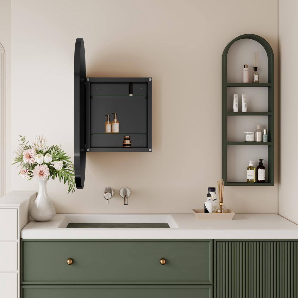 20x34 Inch Oval Matte Black Metal Recessed Medicine Cabinet with Mirror