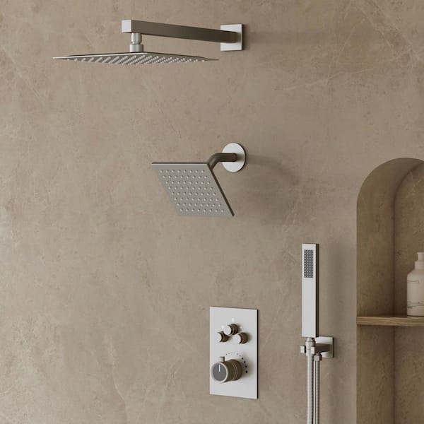 Thermostatic 7-Spray 12 and 6 in. Wall Mount Shower System with Hand Shower 2.5 GPM in Brushed Nickel(Valve Included)