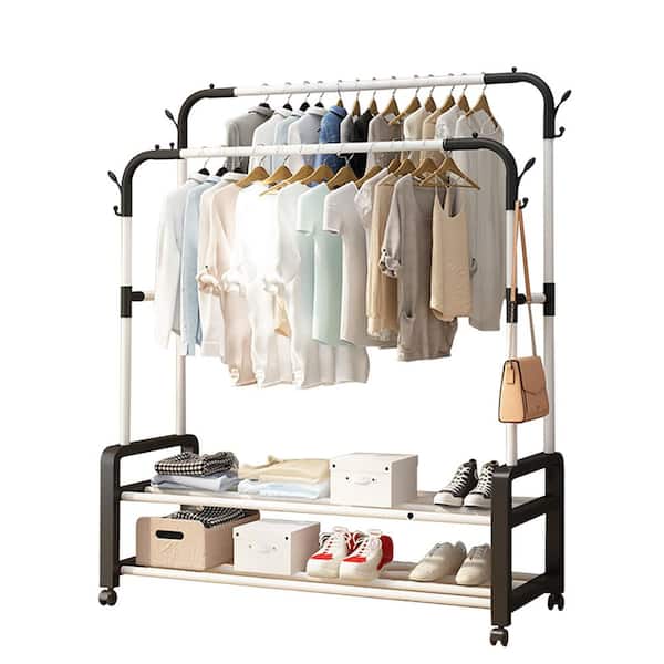 Unbranded White Metal Garment Clothes Rack Double Rods 53 in. W x 63 in. H