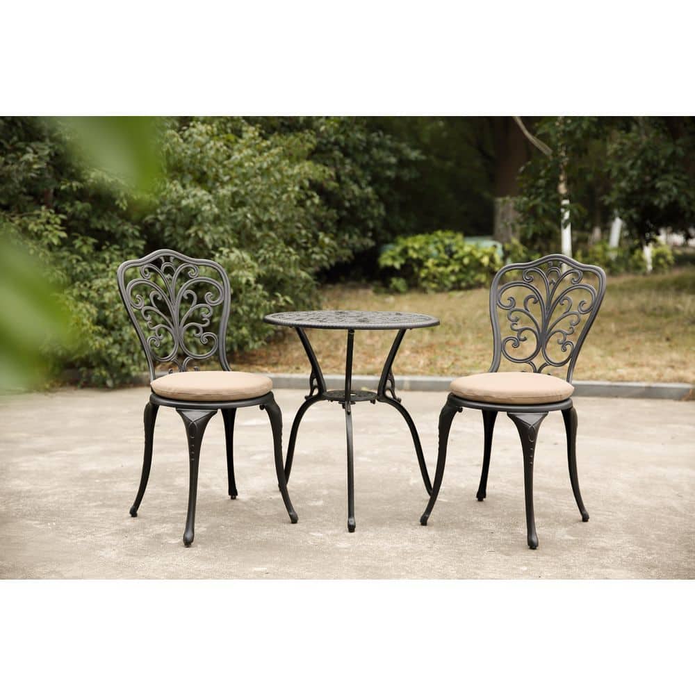 3-Piece Black Aluminum Outdoor Bistro Set with Brown Cushion for Patio ...