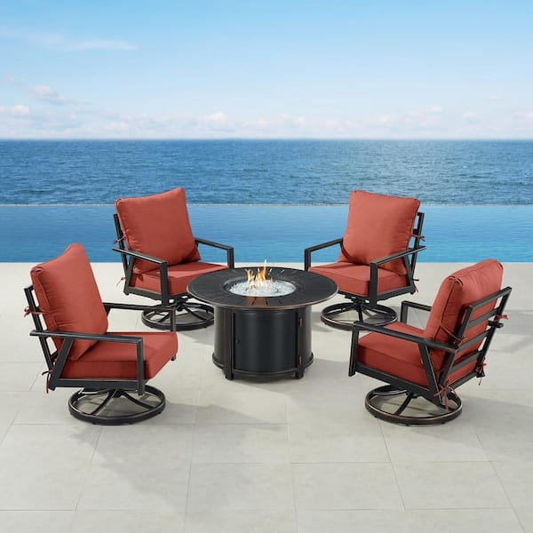 Oakland Living Black 7-Piece Aluminum Patio Fire Pit Set with 4-Club Chairs Red Cushions