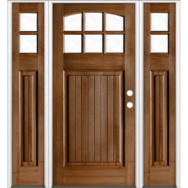 64 in. x 80 in. V-Groove Arched 6-Lite Clear Glass Provincial Stain Left Hand Hemlock Prehung Front Door with DSL
