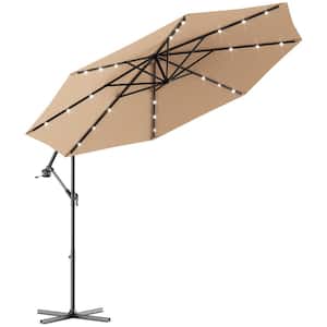 10 ft. Metal Cantilever Solar Patio Umbrella LED Sun Shade Offset with Base in Beige