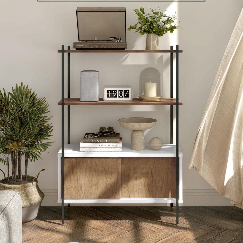 White and Oak Adjustable 3-Shelf Bookcase with Sliding Doors