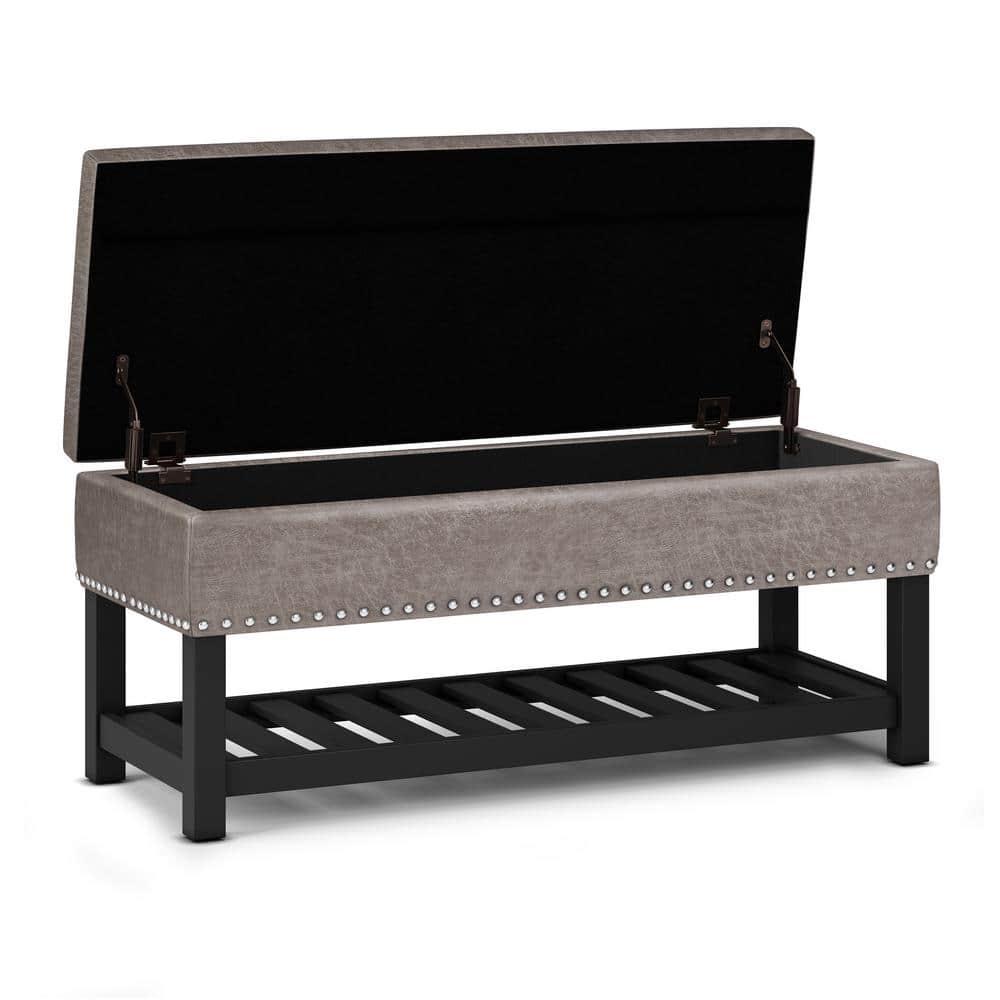 Lomond Distressed Gray Taupe Tufted Storage Ottoman Bench