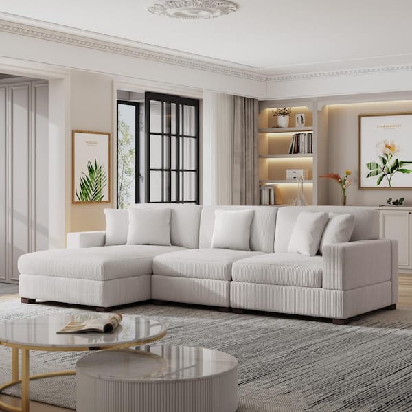 118 in. Square Arm 3-Piece Corduroy Upholstered L-Shaped Sectional Sofa in. Beige with Pillows
