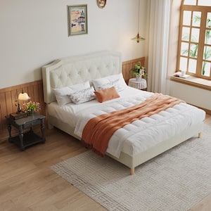 Stylish Grayish Beige Wood Frame Queen Size Cotton and Linen Upholstered Platform Bed with Tufted Headboard