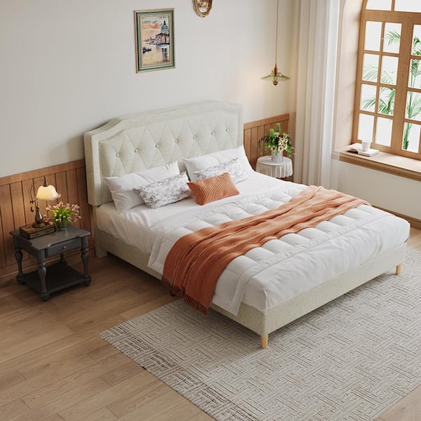 Harper & Bright Designs Stylish Grayish Beige Wood Frame Queen Size Cotton and Linen Upholstered Platform Bed with Tufted Headboard