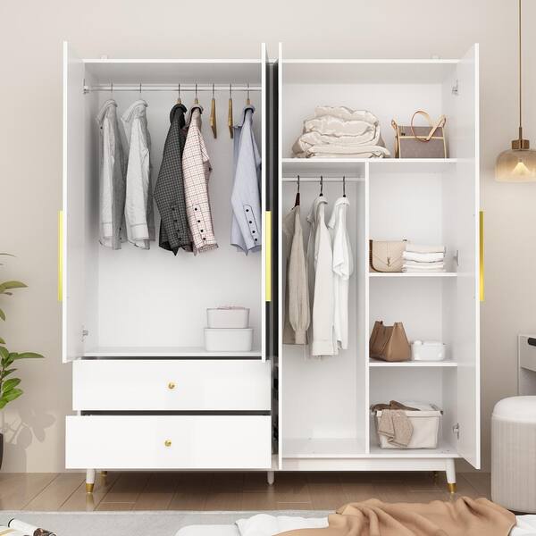 FUFU GAGA White MDF Wood Board 63 in. Width Armoire Wardrobe with Mirrored Door Hanging Shelves and Drawers KF020343 05 06 The Home Depot