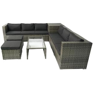 8 Piece Grey Wicker Rattan Patio Outdoor Sectional Sofa Set with Black Cushion, Storage Box Under Seat and Cushion Box