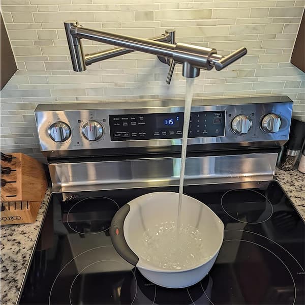 Staykiwi Wall Mounted Pot Filler with Cross Handle in Brushed Nickel