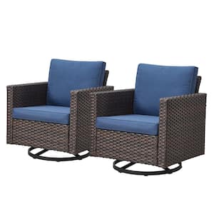 2-Piece Brown Wicker Patio Swivel Outdoor Rocking Chair Set with Blue Cushions