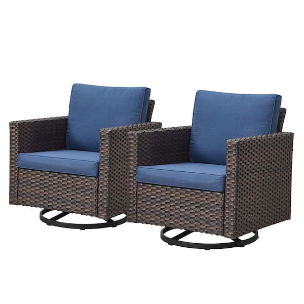 Pocassy 2-Piece Brown Wicker Patio Swivel Outdoor Rocking Chair Set with Blue Cushions