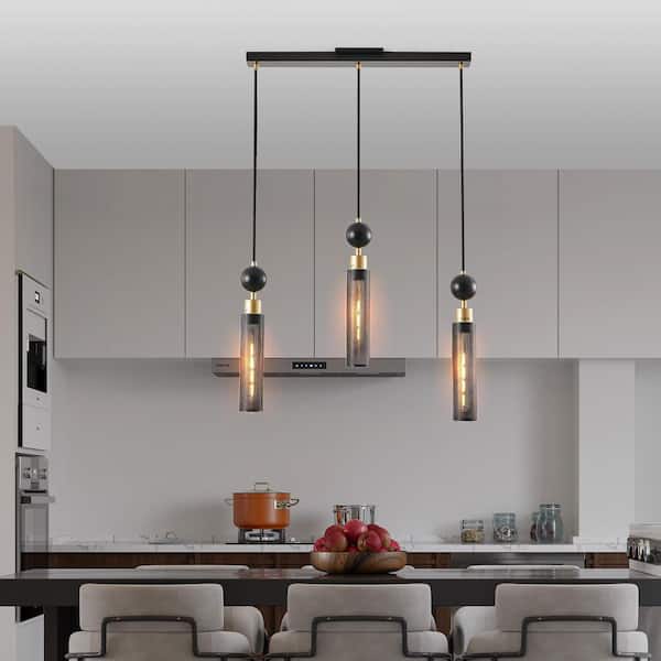 3-Light Modern Black and Gold Pendant Chandelier, Adjustable Hanging Lights, Cylindrical Mesh Shades, E26 Base, No Bulb