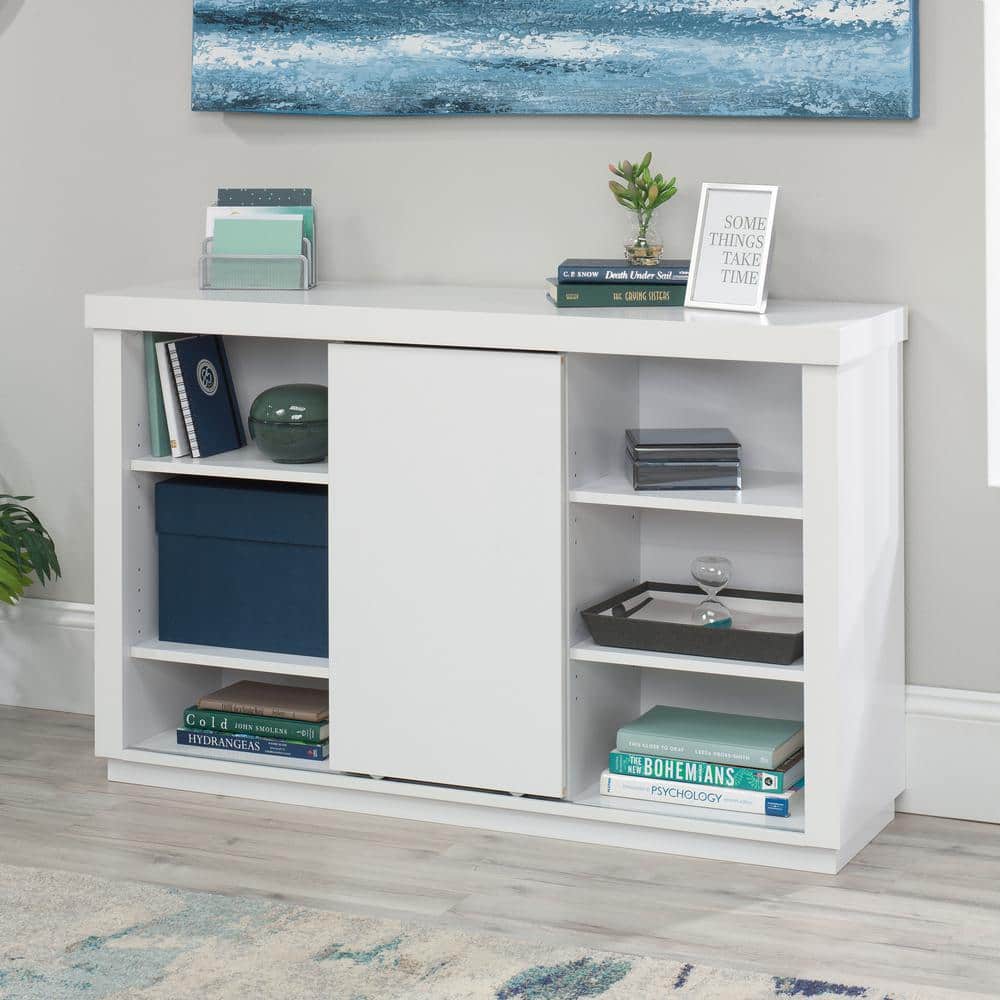 White Adjustable Wood Bookcase with Sliding Door
