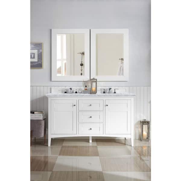 James Martin Vanities Palisades 60 in. W x 23.5 in.D x 35.3 in. H Double Bath Vanity in Bright White with Marble Top in Carrara White