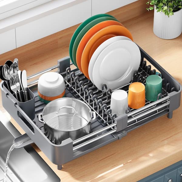 Wudkey Extendable Dish Rack with Drainboard, Collapsible Dish Strainer with Cutlery Holder for Kitchen