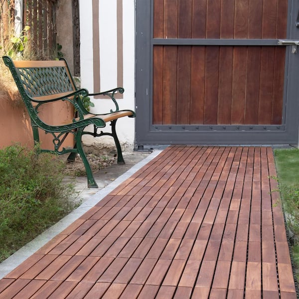 GOGEXX 12 in.x12 in.Brown Square Acacia Wood Interlocking Flooring Deck Tiles Striped Pattern Outdoor For Patio(Pack of20Tiles)