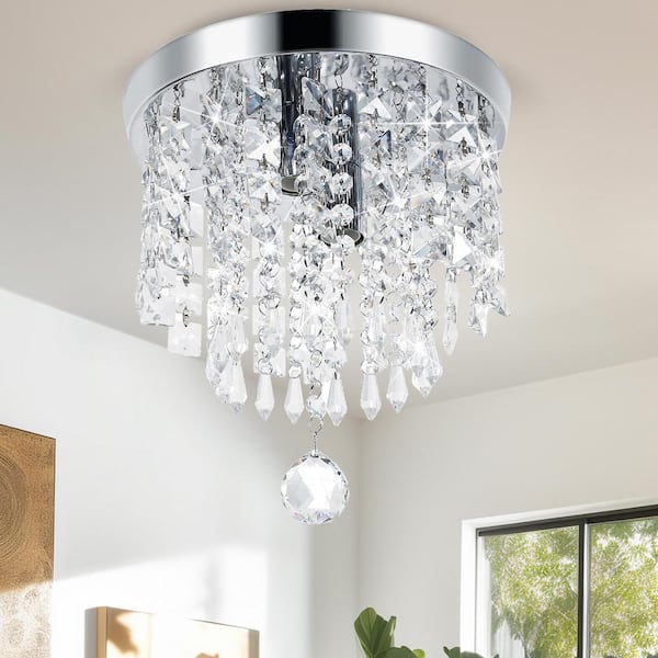 9 in. 2-Light Chrome Modern Flush Mount with Crystal Raindrop Shade for Hallway Bedroom Dining room