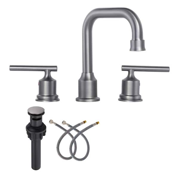 AVITAS 8 in. Widespread 3 Hole Lead-Free Double Handle Bathroom Faucet with Pop-up Drain and Supply Lines in Gray