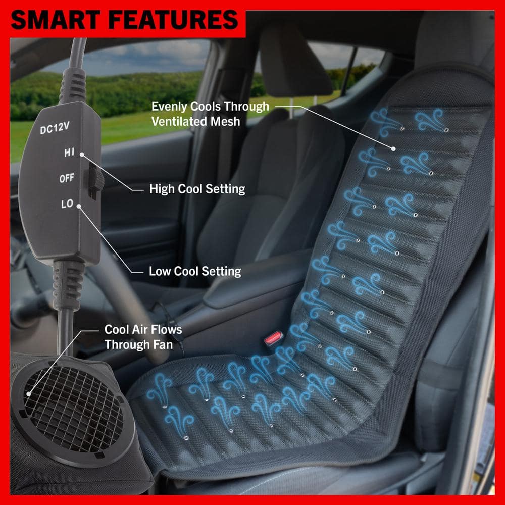 Black Mesh 12V Cooling Car Seat Cushion with Adjustable Fans