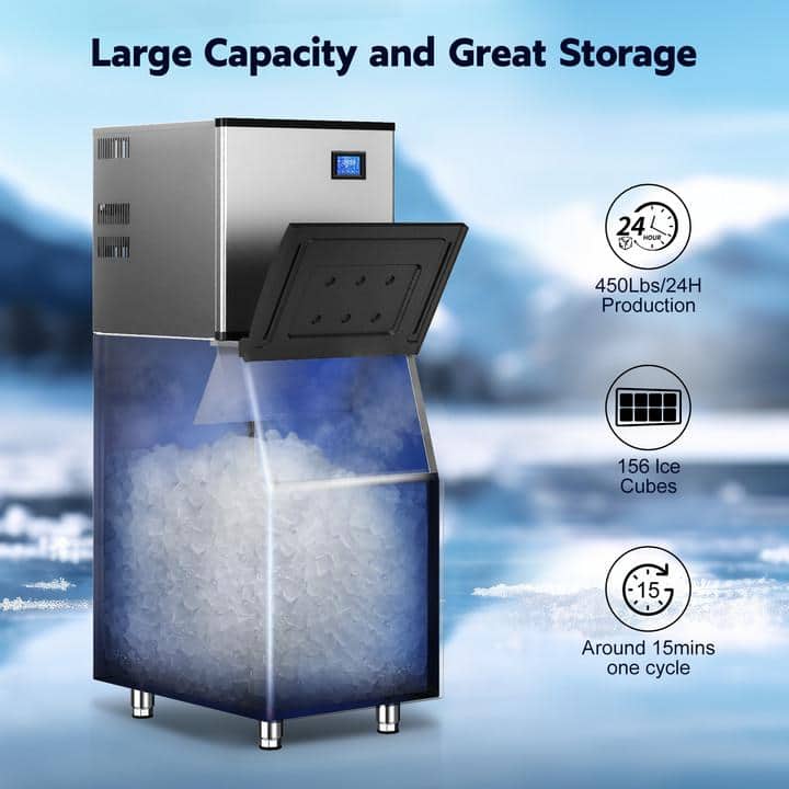 Commercial Silver Stainless Steel Freestanding Ice Maker with 450 lb Daily Production