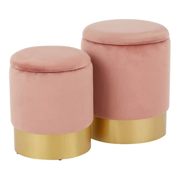 Lumisource Marla Nesting Pink Velvet and Gold Ottoman Set In