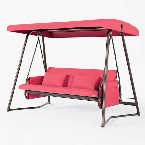 Miscool Anky 7.8 ft. 3-Person Free Standing Metal Frame Hanging Patio Swings Hammock Chair with Adjustable Canopy Red Cushions