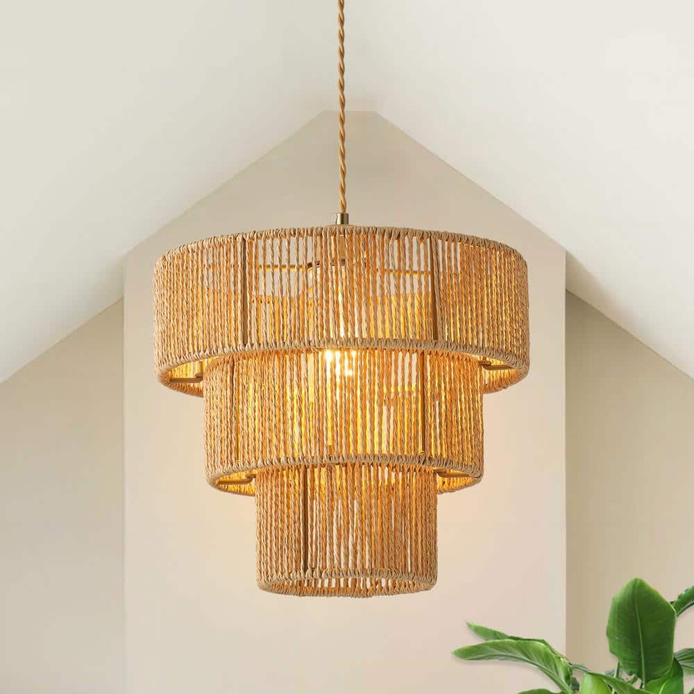 GoYeel 1-Light Yellow Bohemian Drum Hanging Pendant Light with 3-Tier ...