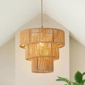 1-Light Yellow Bohemian Drum Hanging Pendant Light with 3-Tier Woven Shade