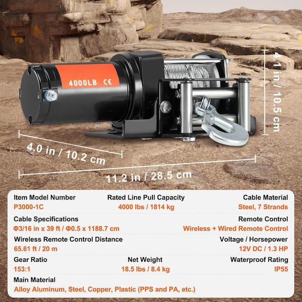 SKYSHALO Electric Winch, 4000 lbs. Line Pull Capacity, 12V DC ATV