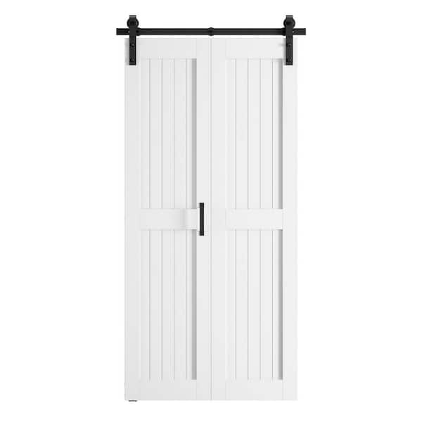 GOLDENPOLEY 24 in. x 84 in. Bi-Fold Paneled H Shape Mid-Bar White Finished MDF Sliding Barn Door with Hardware Kit
