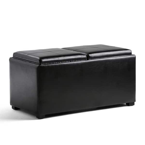 Simpli Home Avalon 35 in. Wide Contemporary Rectangle 5 Pc Storage Ottoman in Midnight Black Vegan Faux Leather, Assembled