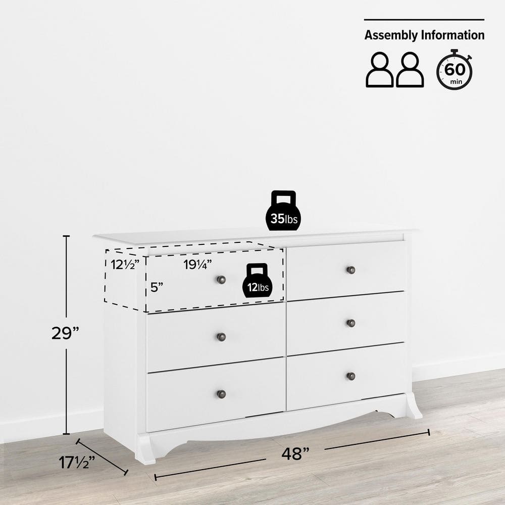 Compact Monterey 6-Drawer Nursery Dresser in White with Deep Storage